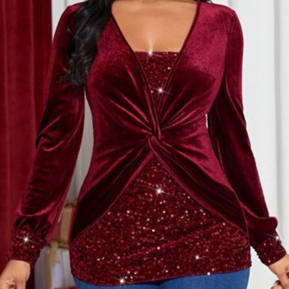 Twist front velvet sequin panel top shirt blouse